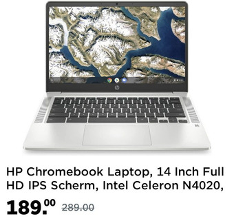 Amazon HP Chromebook Laptop, 14 Inch Full HD IPS Scherm, Intel Celeron N4020, 4GB RAM, 64GB eMMC, Chrome OS, 14a-na0161nd, Zilver aanbieding