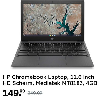 Amazon HP Chromebook Laptop, 11.6 Inch HD Scherm, Mediatek MT8183, 4GB RAM, 32GB eMMC, Chrome OS, 11a-na0200nd, Grijs aanbieding