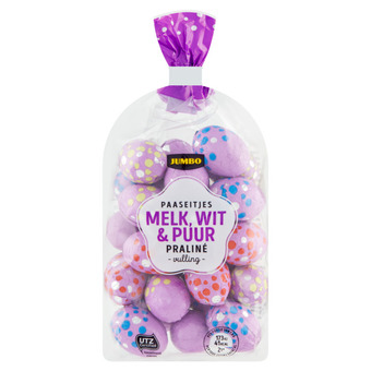 Jumbo Jumbo paaseitjes melk, wit & puur praliné vulling 200g aanbieding