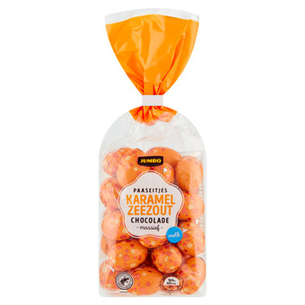 Jumbo Jumbo paaseitjes karamel zeezout chocolade massief melk 200g aanbieding