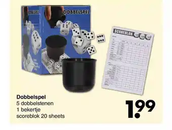 Wibra Dobbelspel : 5 dobbelstenen, 1 bekertje, scoreblok 20 sheets aanbieding