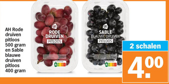 Albert Heijn Ah rode druiven pitloos 500 gram en sable blauwe druiven pitloos 400 gram aanbieding