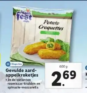 Lidl Gevulde aardappelkroketjes •in de varianten roomkaas-kruiden en spinazie-mozzarella aanbieding