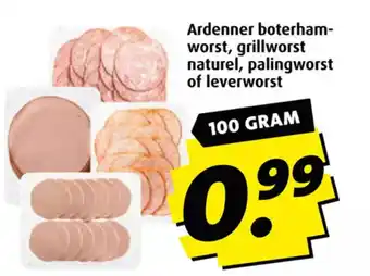 Boni Ardenner boterham-worst, grillworst naturel, palingworst of leverworst 100 gram aanbieding