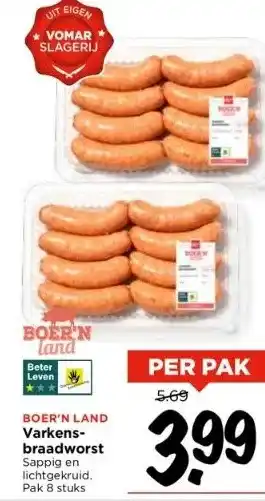 Vomar Voordeelmarkt Boer'n land varkensbraadworst sappig en lichtgekruid. aanbieding