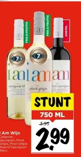 Vomar Voordeelmarkt I am wijn cabernet sauvignon, pinot grigio, pinot grigio rosé of sauvignon blanc aanbieding