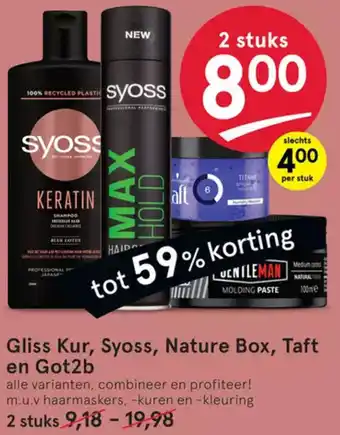 Etos Gliss kur, syoss, nature box, taft en got2b aanbieding