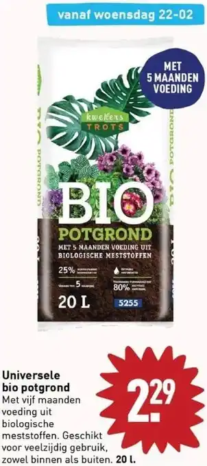 ALDI Universele bio potgrond met vijf maanden voeding uit biologische meststoffen. geschikt voor veelzijdig gebruik, zowel binnen  aanbieding