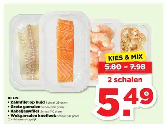 PLUS Plus zalmfilet op huid, grote garnalen, kabeljauwfilet of wokgarnalen knoflook aanbieding