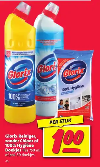 Nettorama Glorix reiniger, zonder chloor of 100% hygiëne doekjes fles 750 ml. aanbieding