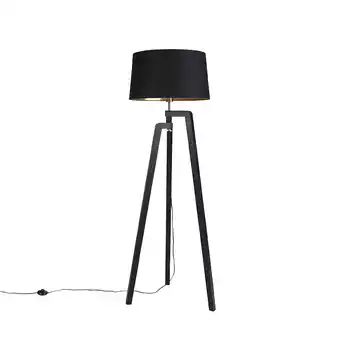 Lampenlicht.nl Vloerlamp tripod met katoenen kap zwart met goud 50 cm - puros aanbieding