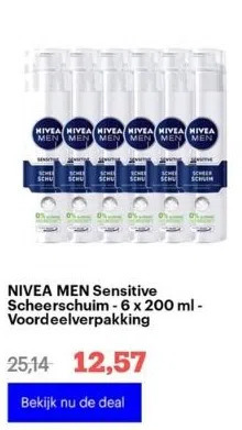 Bol.com Nivea men sensitive scheerschuim - 6 x 200 ml - voordeelverpakking aanbieding