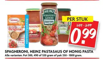 Dekamarkt Spagheroni, Heinz Pastasaus Of Honig Pasta aanbieding