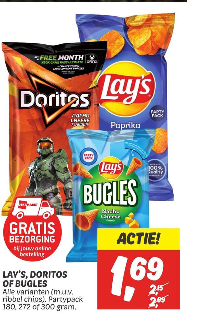 Lay's, Doritos Of Bugles 180, 272 of 300 gram aanbieding bij Dekamarkt