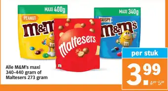 Albert Heijn Alle m&m's maxi 340-440 gram of maltesers 273 gram aanbieding