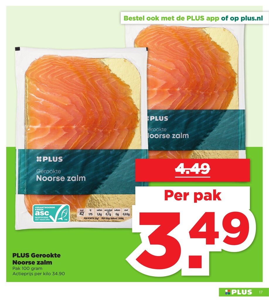 Gerookte Noorse zalm 100 gram per pak aanbieding bij PLUS