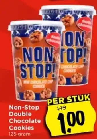 Vomar Voordeelmarkt Non-stop double chocolate cookies 125 gram per stuk aanbieding