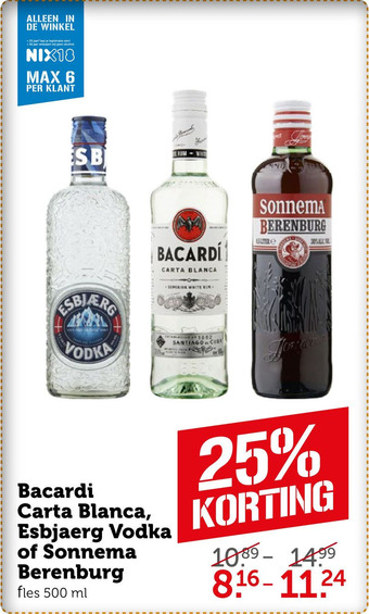 Coop Bacardi Carta Blanca, Esbjaerg Vodka of Sonnema Berenburg aanbieding