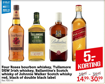 Coop Four Roses bourbon whiskey, Tullamore DEW Irish whiskey, Ballantine's Scotch whisky of Johnnie Walker Scotch whisky red, blac aanbieding