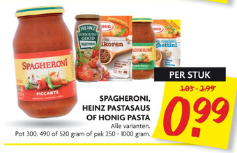 Dekamarkt Spagheroni, Heinz Pastasaus Of Honig Pasta aanbieding