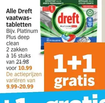 Albert Heijn Alle Dreft vaatwastabletten 16 stuks 1+1 gratis aanbieding