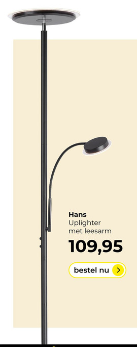 Lampidee Hans - LED uplighter met leesarm zwart 2400lm 3000k aanbieding