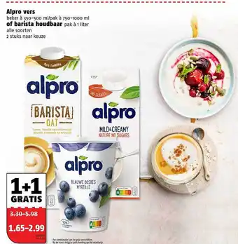 Poiesz Alpro Vers Of Barista Houdbaar 1+1 Gratis 350-500 ml aanbieding