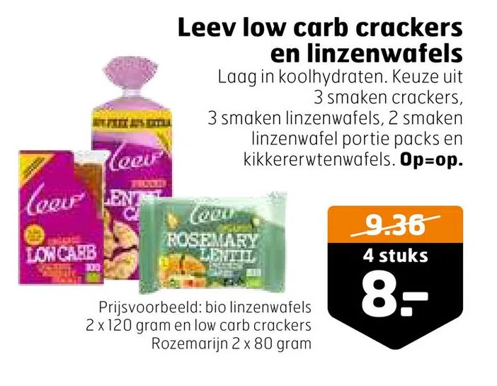 Leev low carb crackers en linzenwafels aanbieding bij Trekpleister