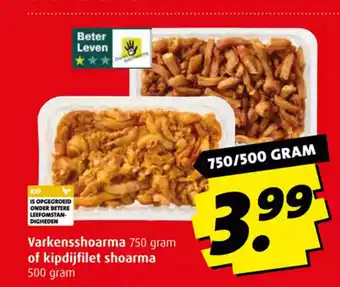 Boni Varkensshoarma 750 gram of kipdijfilet shoarma 500 gram aanbieding