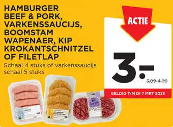 Jumbo Hamburger Beef & Pork, Varkenssaucijs, Boomstam Wapenaer, Kip Krokantschnitzel Of Filetlap aanbieding