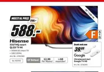 MediaMarkt Hisense 55u7hq zwart qled tv 4k of google chromecast met google tv hd aanbieding