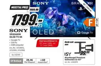 MediaMarkt Sony xr65a80k oled tv 4k of isy muurbeugel premium fullmotion 32-65 aanbieding