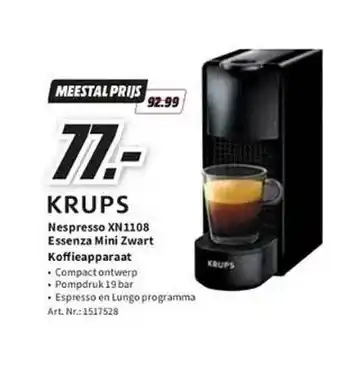 MediaMarkt Krups nespresso xn1108 essenza mini zwart koffieapparaat aanbieding