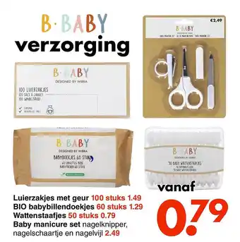 Wibra Luierzakjes met geur, bio babybillendoekjes, watternstaafjes of baby manicure set aanbieding