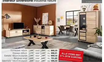 Woonsquare Interieur silverstone industrial nature tv-meubel 143cm, dressoir 205cm, eettafel 160cm kruispoot, bergkast smal of salontafe aanbieding