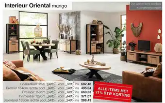 Woonsquare Interieur oriental mango boekenkast smal, eettafel 164cm rechte poot, dressoir 158cm, tv-meubel 129cm of salontafel 135cm rec aanbieding