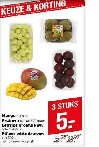 CoopCompact Mango, Pruimen, Eetrijpe Groene Kiwi Of Pitloze Witte Druiven aanbieding