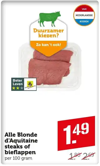 Coop Alle Blonde d'Aquitaine stekas of bieflappen 100 gram aanbieding