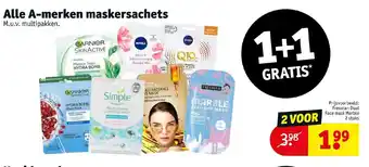 Kruidvat Alle A-merken maskersachets 1+1 gratis aanbieding