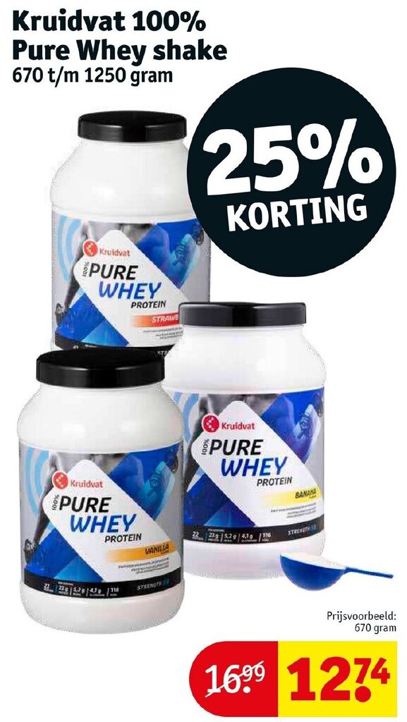 Kruidvat 100 pure whey shake aanbieding bij Kruidvat