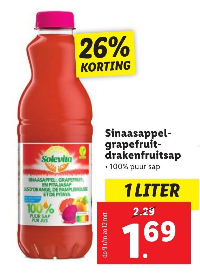Sinaasappel grapefruitdrakenfruitsap 1L aanbieding bij Lidl