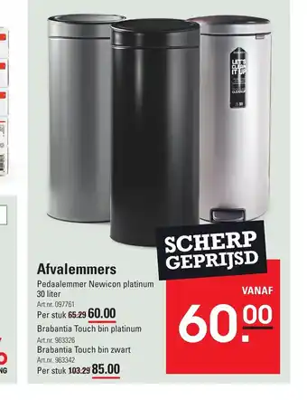 Sligro Afvalemmers Pedaalemmer Newicon platinum 30 liter per stuk aanbieding