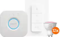 Coolblue Philips hue white and color starter pack gu10 met 12 lampen. dimmer + bridge aanbieding