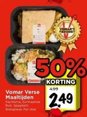 Vomar Voordeelmarkt Vomar verse maaltijden kip kerrie, surinaamse roti, spaghetti bolognese. per stuk aanbieding