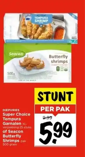 Vomar Voordeelmarkt Diepvries super choice tempura garnalen xlverpakking 25 stuks of seacon butterfly shrimps pak aanbieding