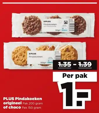 PLUS Pindakoeken origeneel pak 200 gram of choco pak 150 gram aanbieding