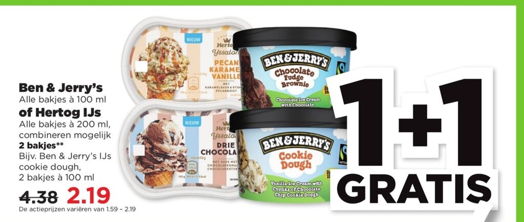 Ben & Jerry's of Hertog IJS 1+1 Gratis aanbieding bij PLUS