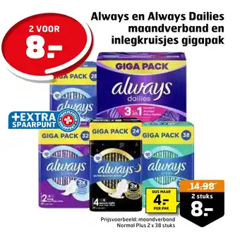 Trekpleister Always en always dailies maandverband en inlegkruisjes gigapak aanbieding