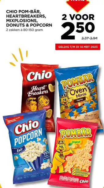 Jumbo Chio pom-bar, heartbreakers, mixplosions, donuts & popcorn 80-150g aanbieding