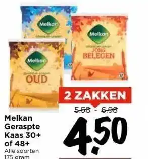 Vomar Voordeelmarkt Melkan geraspte kaas 30+ of 48+ aanbieding